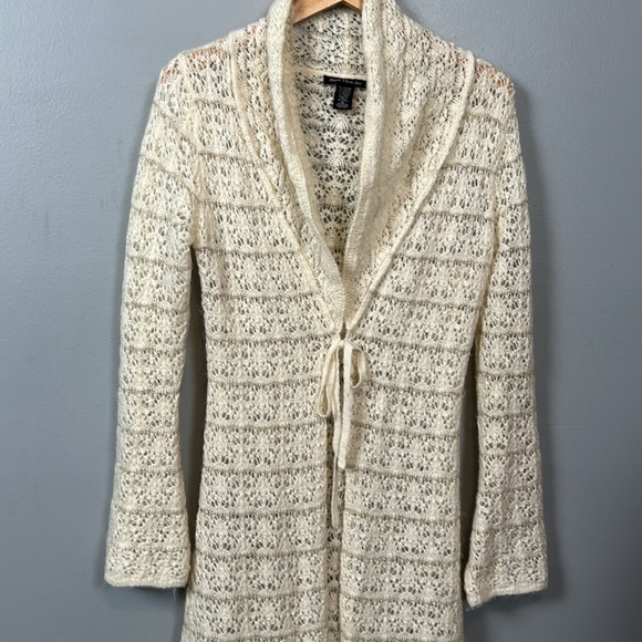 Y2K Heart Moon Star Mohair Blend Cowl Neck Sweater long Cream Crochet Open Sz M - Picture 2 of 14